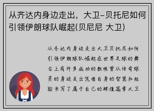 从齐达内身边走出，大卫-贝托尼如何引领伊朗球队崛起(贝尼尼 大卫)