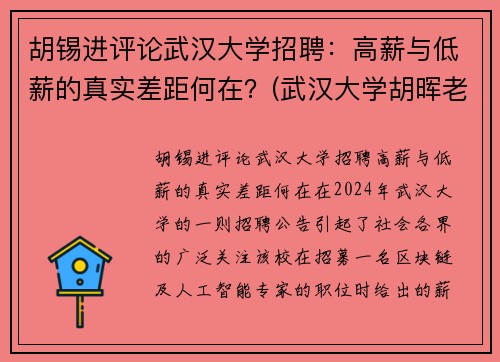 胡锡进评论武汉大学招聘：高薪与低薪的真实差距何在？(武汉大学胡晖老师)